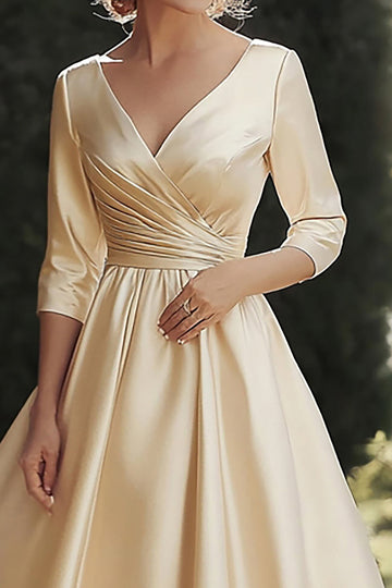 Champagne A Line 3/4 Sleeves V Neck Long Mother of the Bride Dress